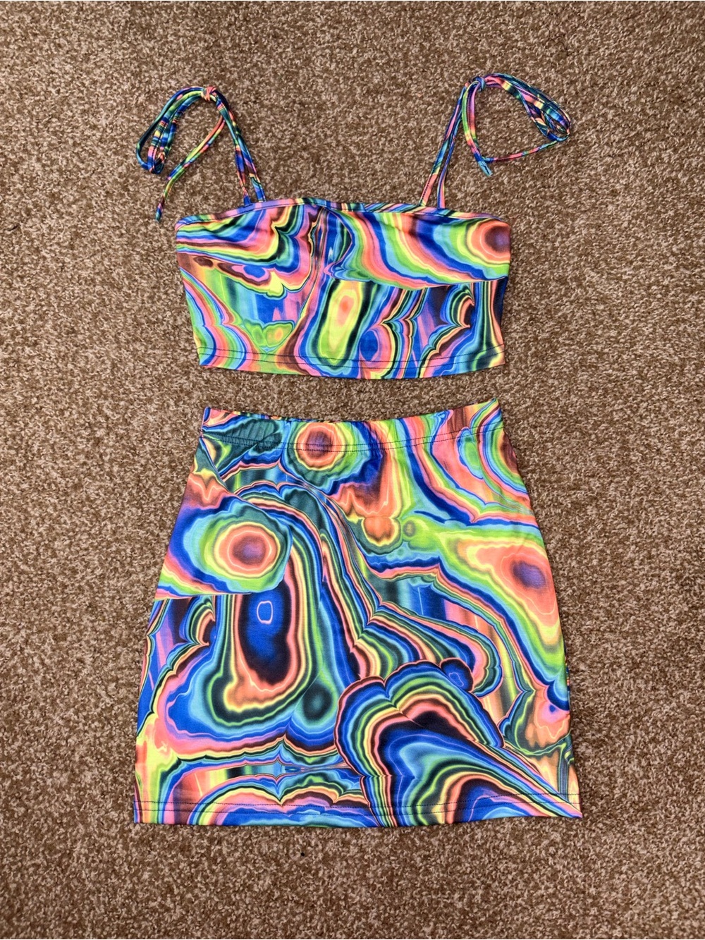Vibrant Psychedelic Two-Piece Crop Top & Skirt Set - Multicolor